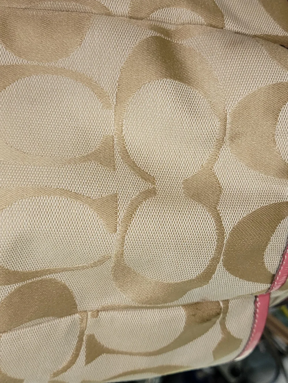 Coach Beige Signature Canvas Tote with Pink Trim, Outside Of Bag ,Badly Stained